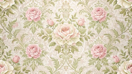 Classic damask rose floral wallpaper background with intricate patterns and soft pastel colors ,...