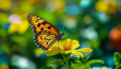Fototapeta premium A close-up of an orange and black butterfly with spotted wings perched on a green flower