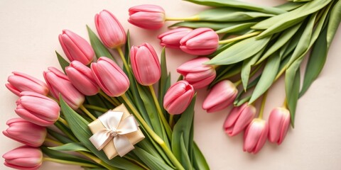Obraz premium A bouquet of pink tulips and a small gift box, perfect for a romantic gesture or celebration.