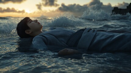 a bird's-eye view shows an 18-year-old boy with short hair wearing a gray Hanfu lying flat on his back, being hit by the waves on the shore of the island.