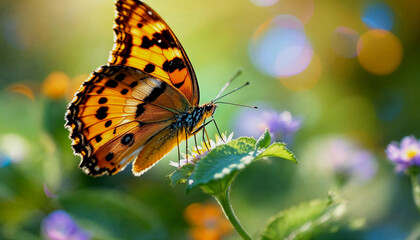 Obraz premium A close-up of an orange and black butterfly with spotted wings perched on a green flower