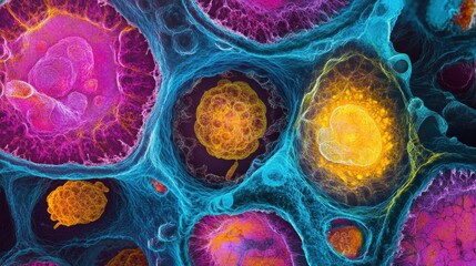 Microscopic view of mesenchymal stem cells, radiant and colorful, intricate textures, scientific detail