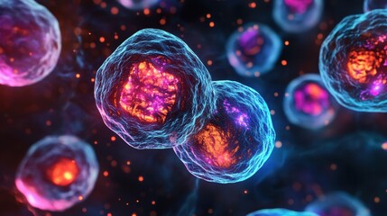 Close-up of mesenchymal stem cells, glowing colors, detailed cellular structures, scientific exploration