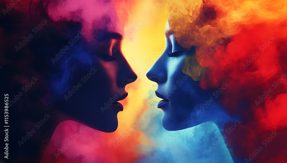 Poster Artistic Representation of Two Silhouetted Faces Merging in Colorful Smoke with a Dreamy Effect Symbolizing Connection and Emotion in Abstract Form