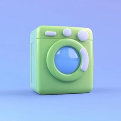 A 3D green washing machine icon with a blue background. The design is minimalistic, featuring subtle shading for a modern look.