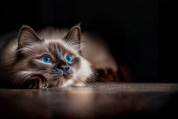 Chat birman aux yeux bleus couch&eacute; sur fond noir