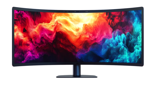 A computer monitor with a large curved screen and colorful background.