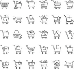 Shopping Cart Icons Variety of Goods, Retail, Online Sales