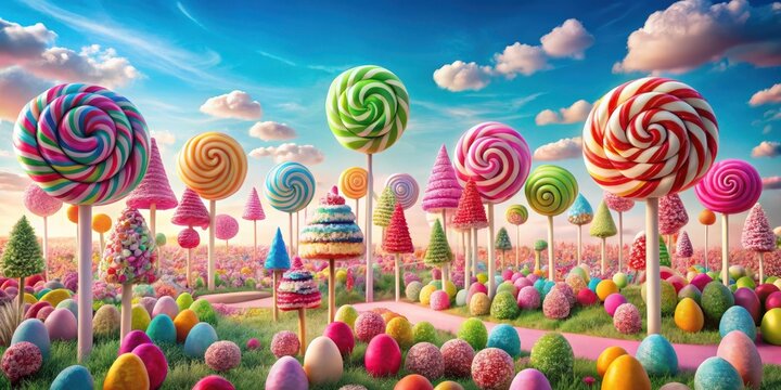 Whimsical landscape with colorful candy cane trees and lollipop flowers, candy land, colorful landscape