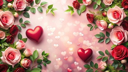 Soft pink background with interlocking hearts in various shades of red and white, surrounded by lush greenery and a few strategically placed red roses, , love invitation