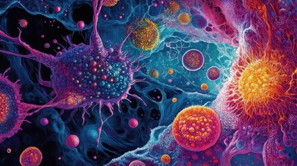 Artistic depiction of mesenchymal stem cells, rich colors, intricate patterns, vibrant biological imagery
