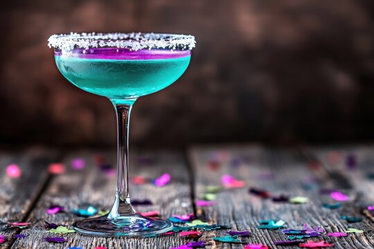 A vibrant cocktail with a blue hue, rimmed with salt, sits elegantly on a wooden surface scattered with colorful confetti.