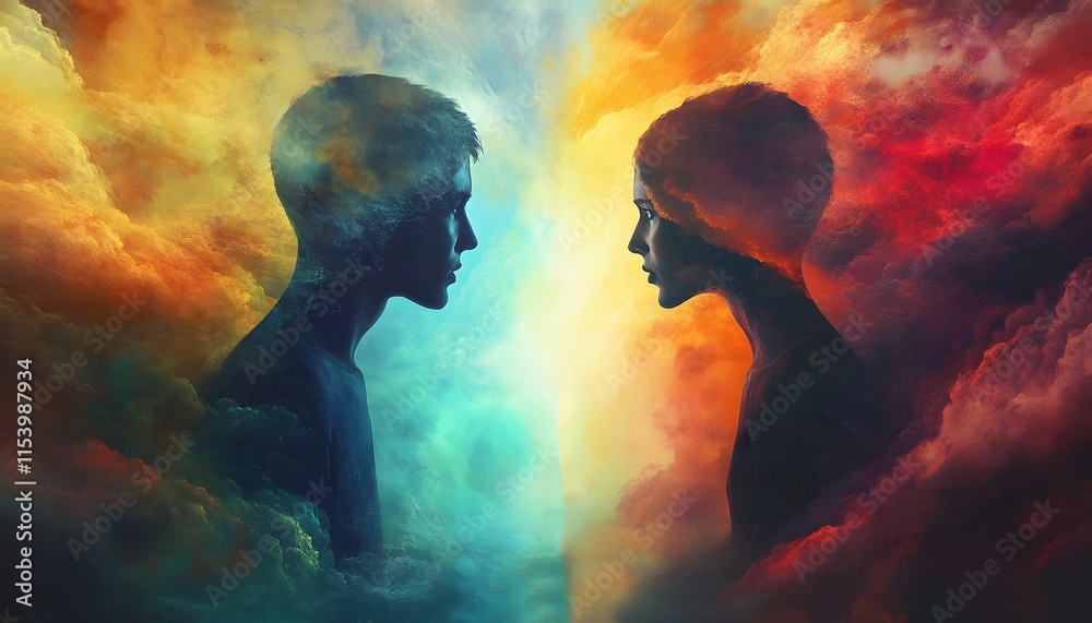 Poster Surreal Portrait of Two Silhouettes Merging with Colorful Clouds Representing Duality and Emotions in a Fantasy Landscape
