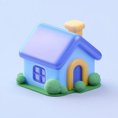 A cute 3D icon of a small house with a blue roof and yellow chimney, surrounded by bushes on a light blue background.