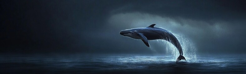 Obraz premium Whale Leaping Out of Water Against Dark Sky, AI generated illustration