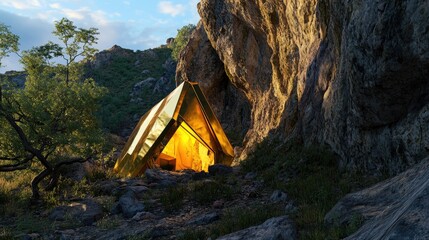A golden tent nestled among rocks, illuminated by warm light in a natural setting.