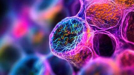 High-detail close-up of mesenchymal stem cells, glowing colors, intricate patterns, scientific focus