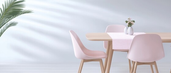 A white wall with a large plant and a table with four pink chairs