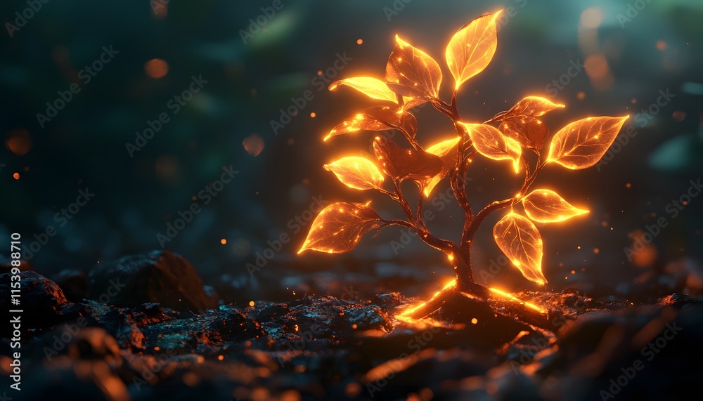 Poster Enchanting Glowing Tree with Radiant Leaves Illuminating the Forest Floor in a Mysterious Ethereal Environment