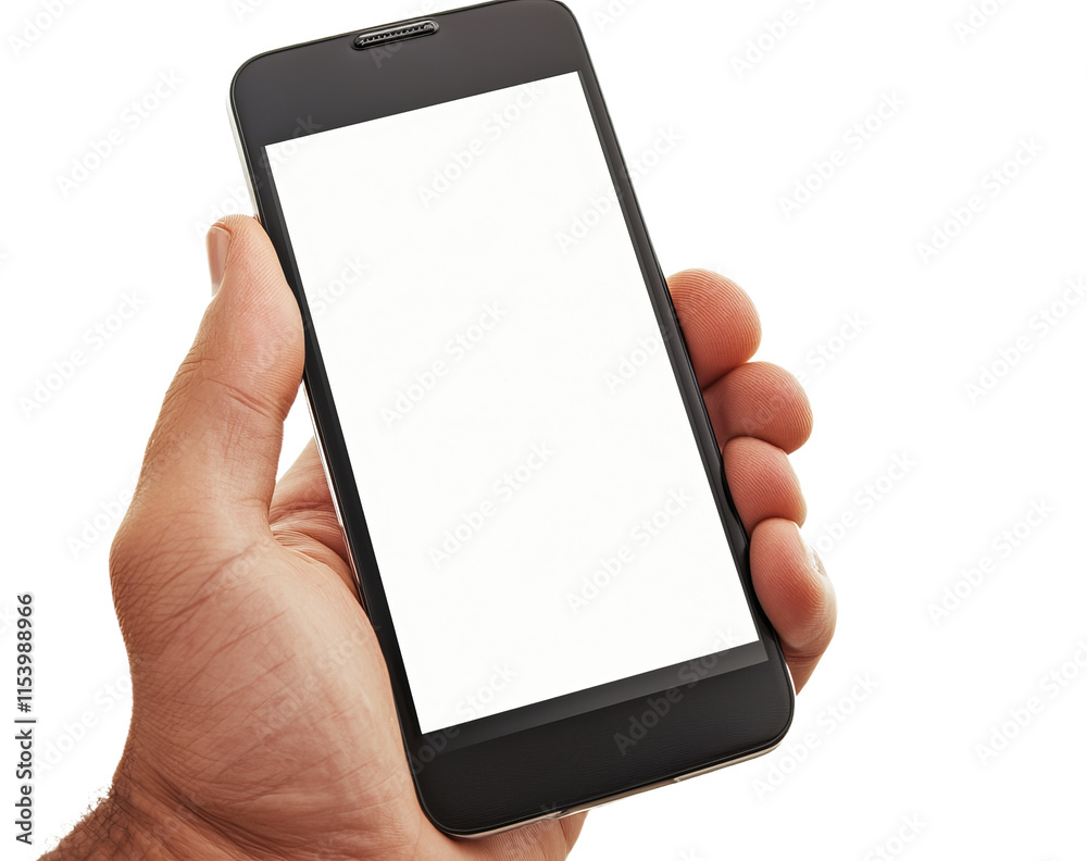 Poster a mockup of a smartphone with an empty screen, being held by a woman's hand, isolated on a white bac