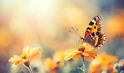 Obraz premium Painted Lady Butterfly on Orange Flower with Blurred Background, AI generated illustration
