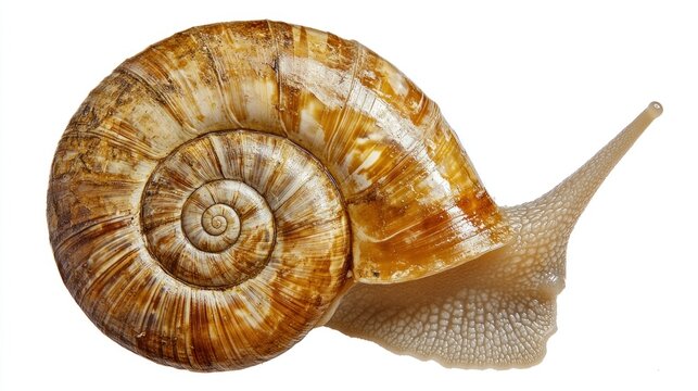 Close-up of a snail with a spiraled shell isolated on white background.
