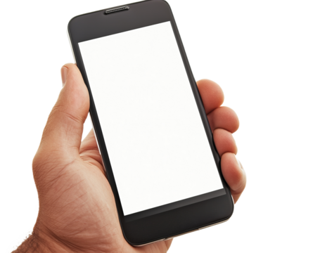 A mockup of a smartphone with an empty screen, being held by a woman's hand, isolated on a white background.