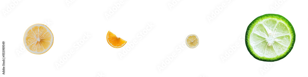 Poster a top-down perspective of a single cross-section or slice of a succulent, ripe yellow lemon, a citru