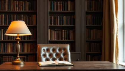 Obraz premium Lamp and book on the table in the home library
