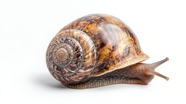 Close-up of a large brown snail with a spiral shell isolated on white background.