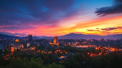 Fototapeta premium Sunset View of City Skyline with Landmark Building, Mountains, and Colorful Sky in Taiwan's Capital, AI generated illustration