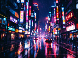 Obraz premium Bustling city street at night with neon lights and reflections.