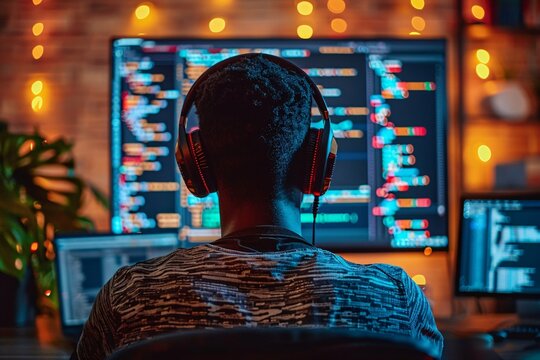 A focused programmer sits in a dimly lit room, headphones on while coding on multiple computer screens. The warm glow of string lights enhances the late-night atmosphere