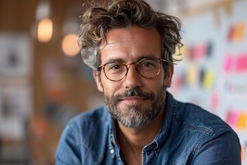 Fototapeta premium A man with curly hair and glasses smiles warmly while seated in a vibrant creative workspace filled with colorful notes and cheerful lighting