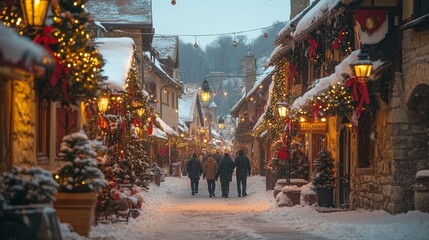 Fototapeta premium Charming snowy street decorated for Christmas