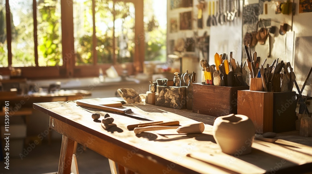 Poster a well-equipped workbench with sculpting tools and clay in a bright studio, a sunlit studio space wi