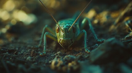 Fototapeta premium Close-Up of Green Grasshopper's Face, Macro Photography with Copy Space, AI generated illustration