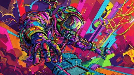 Obraz premium Futuristic astronaut clad colorful spacesuit reaches out navigate swirling chaos colors their helmet shielding their eyes they grasp control panel