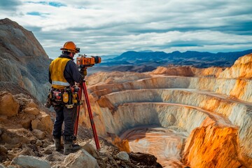 Miner surveying the vast expanse of a breathtaking open-pit mine at dusk