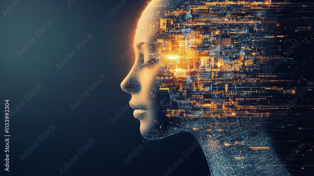 Poster exploring the intersection of technology and humanity through a digital representation of a futurist