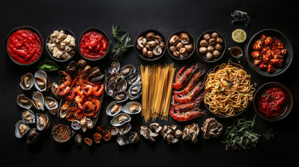 Fresh seafood spread with pasta and sauces arranged on a dark background for a gourmet dining experience