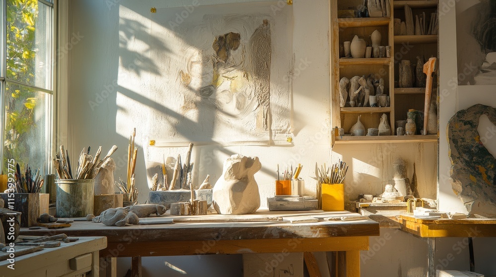 Poster a well-equipped workbench with sculpting tools and clay in a bright studio, a sunlit studio space wi