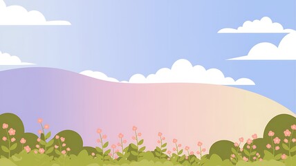 Peaceful Landscape Featuring Pink Flowers and Rolling Hills