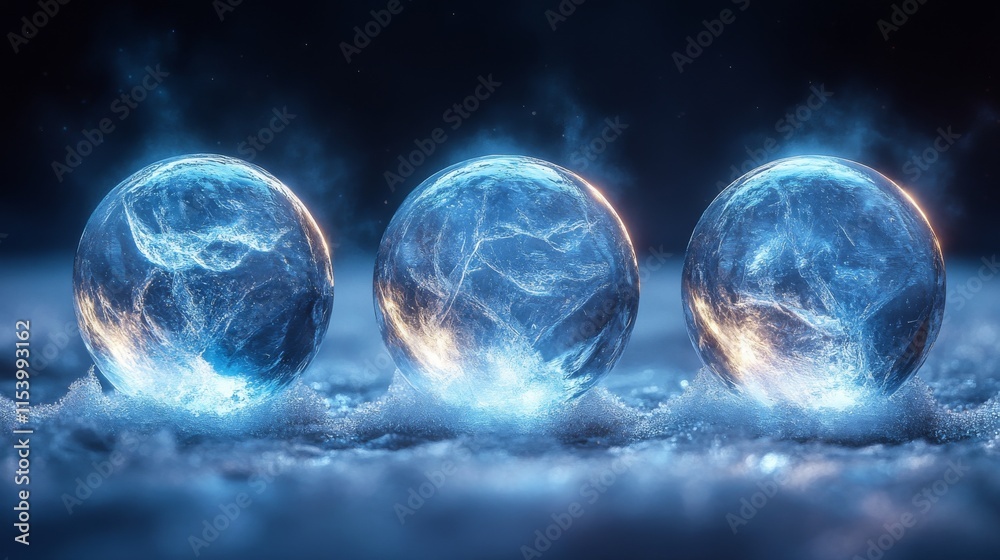 Leinwandbilder Three luminous orbs, glowing with an ethereal light, rest on a bed of snow, creating a mesmerizing and otherworldly scene.