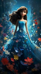 Serene young girl long brown hair stands amidst vibrant array flowers her blue dress blending surrounding flora whimsical fairy tale scene