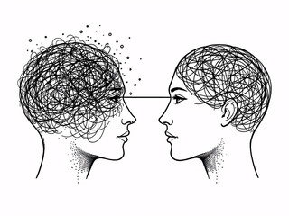Two contrasting heads with intricate, chaotic lines and ordered, geometric patterns, reflecting mental complexity.
