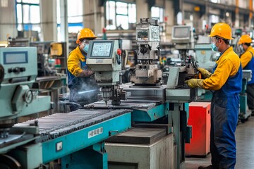 Fototapeta premium Workers operate machinery in a busy manufacturing facility with safety precautions in place
