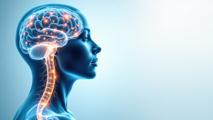 Obraz premium A digital illustration showing a close-up of the human head with highlighted features representing Vagus Nerve Stimulation (VNS).