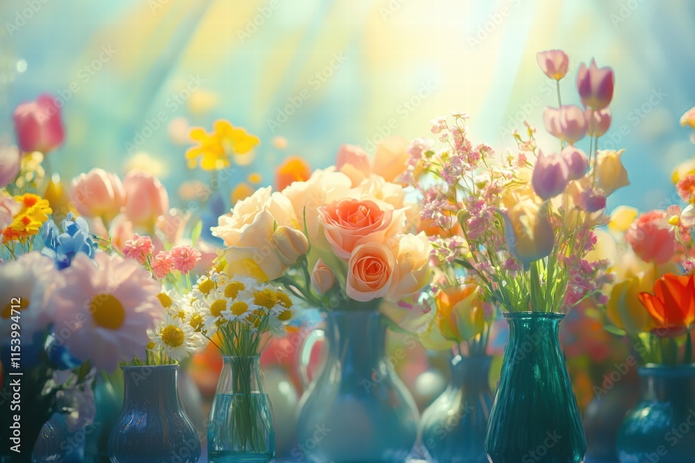 Poster Colorful bouquets of roses tulips and daisies arranged in vases creating a vibrant floral display. Generative AI