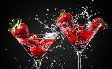 Martini Glasses with Strawberries Splashing in the Air on a Black Background. AI generated illustration